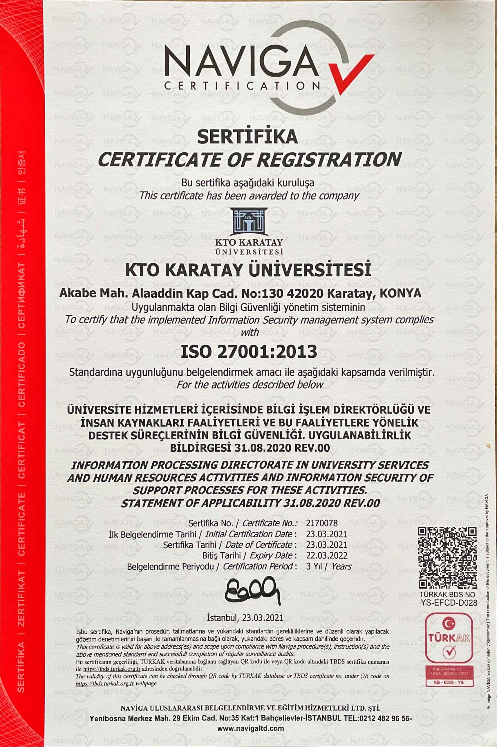 ISO 27001:2013 Kalite Belgesi